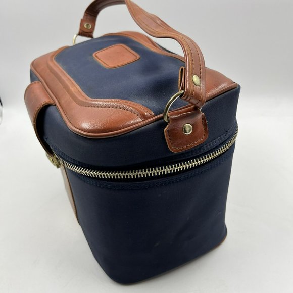 SEARS Vintage Train Case Travel Bag Cosmetic Toiletry Case Vinyl Canvas Navy - Picture 4 of 10